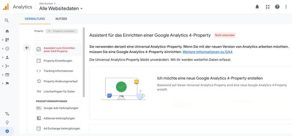 Screenshots zum Erstellen der Google Analytics 4 Property