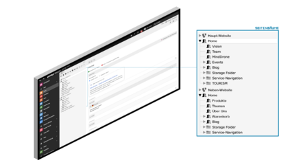 Eine Benutzeroberfläche zeigt eine Website mit verschiedenen Menüpunkten und einem bearbeitbaren Textfeld auf der linken Seite.