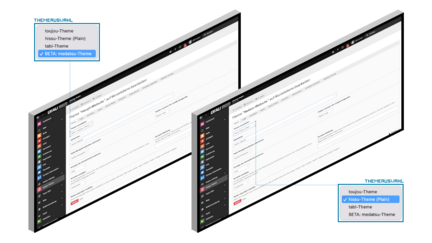 Zwei Bildschirmansichten zeigen die Auswahl von Themes in einer Benutzeroberfläche, mit dem Fokus auf das medatsu-Theme.