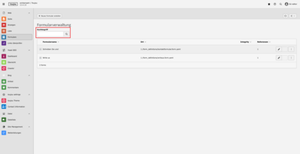 Screenshots eines TYPO3-Backends, das das Suchfeld bei Formularen hervorhebt