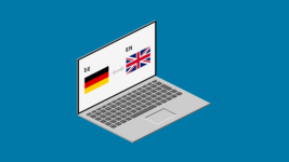 Laptop-Bildschirm mit deutscher und englischer Flaggen für mehrsprachige Websites
