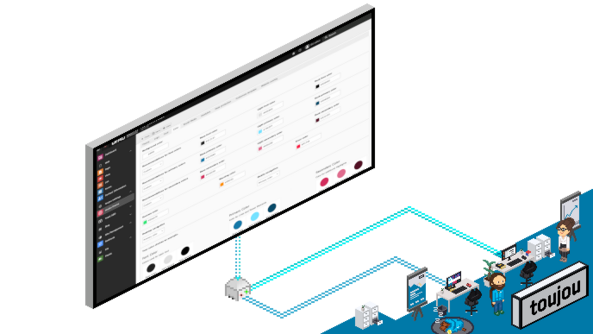 Ein modernes Büro mit einem großen Bildschirm, der eine Software-Oberfläche zeigt, umgeben von Mitarbeitern, die arbeiten.