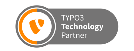 Das Logo zeigt den Schriftzug 'TYPO3 Technology Partner' in einer modernen Schriftart auf grauem Hintergrund.
