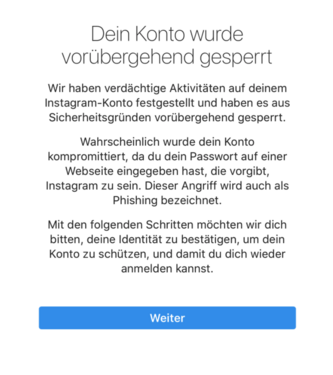 Screenshot einer Meldung eines vorübergehend gesperrten Instagram-Kontos