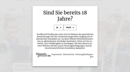 Die Webseite fordert Nutzer auf, ihr Alter zu bestätigen, um Zugang zu alkoholischen Inhalten zu erhalten.