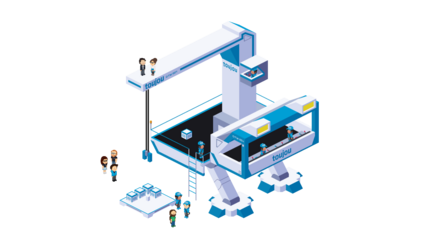 Die Illustration zeigt eine innovative Hebemaschine, umgeben von Mitarbeitern, die an der Logistik von Bausteinen für eine Website arbeiten.