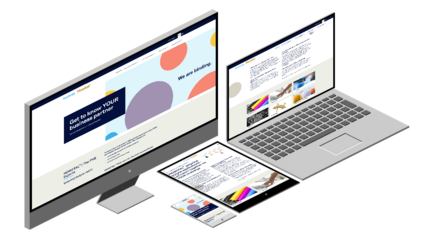 Ein Desktop-Monitor und ein Laptop zeigen eine moderne Website mit bunten grafischen Elementen und informativen Texten.