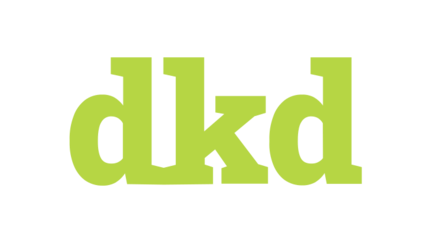 Ein modernes Logo in Grün und Schwarz, das die Buchstaben dkd und die Worte Entwicklung, Kommunikation, Design zeigt.