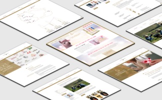 Mehrere digitale Bildschirme zeigen ansprechende Designs für Wein- und Sektmarken mit lebhaften Farben.