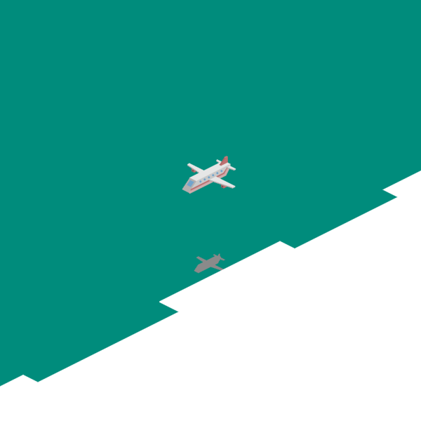 Ein kleines Flugzeug schwebt über einem einfarbigen, türkisfarbenen Hintergrund, während sein Schatten darunter sichtbar ist.