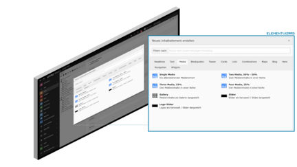 Ein Bildschirm zeigt eine TYPO3 Benutzeroberfläche zur Erstellung neuer Inhaltselemente mit verschiedenen Medienoptionen.