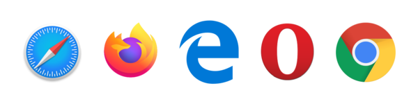Nebeneinander stehende Logos der Browser Safari, Firefox, Edge, Opera, Chrome