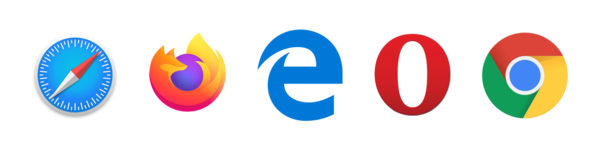Aktuelle Browser-Logos Nebeneinander stehende Logos der Browser Safari, Firefox, Edge, Opera, Chrome