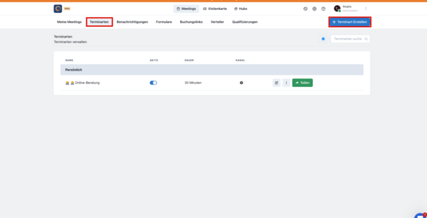 Screenshot Meetergo zum Erstelen eines neuen Termins