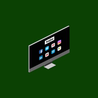 Ein moderner Computerbildschirm zeigt verschiedene soziale Medien-Icons auf einem schwarzen Hintergrund.