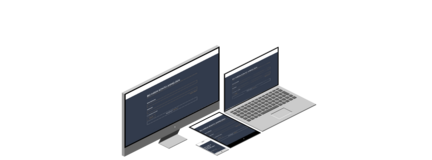 Ein Desktop-Computer, ein Laptop und ein Tablet zeigen Anmeldeseiten mit Eingabefeldern für Benutzername und Passwort.