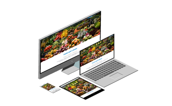 Ein Desktop-Computer, Laptop, Tablet und Smartphone zeigen eine bunte Auswahl an frischem Obst und Gemüse auf ihren Bildschirmen.
