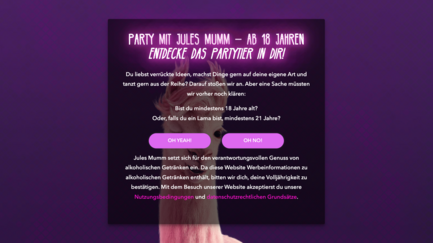 Die Webseite fordert Nutzer auf, ihr Alter zu bestätigen, um Zugang zu alkoholischen Inhalten zu erhalten.