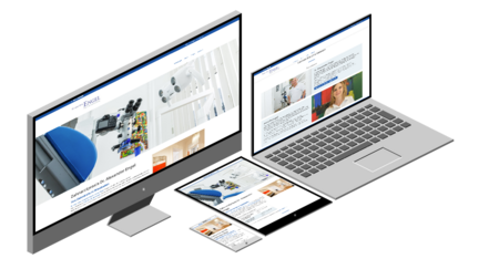 Ein modernes Setup mit einem Desktop-Monitor, Laptop und Smartphone, die eine Zahnarztpraxis-Website anzeigen.