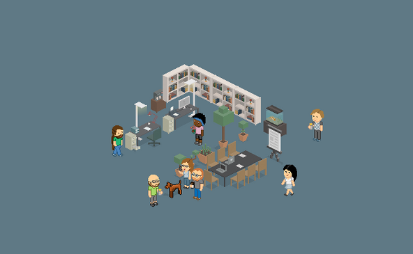 In einem modernen Büro stehen mehrere Personen um einen Tisch, während ein Hund zwischen ihnen spielt und Pflanzen im Hintergrund stehen.