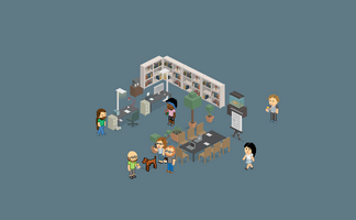 In einem modernen Büro stehen mehrere Personen um einen Tisch, während ein Hund zwischen ihnen spielt und Pflanzen im Hintergrund stehen.