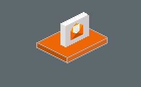 Ein orangefarbener Tisch mit einem weißen, rechteckigen Objekt, das ein Fenster darstellt, in der Mitte platziert.