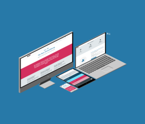 Ein Desktop-Monitor, ein Laptop und ein Tablet zeigen eine Webseite mit dem Titel 'Für Ihre Entwicklung' in lebhaften Farben.