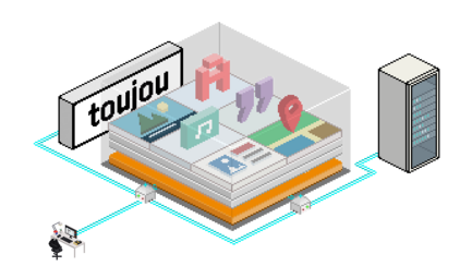 In einem stilisierten Raum sieht man einen Benutzer an einem Computer, während ein Hund neben ihm sitzt und ein großes Buch im Hintergrund steht.