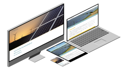 Ein Computerbildschirm zeigt eine Webseite über erneuerbare Energien mit Solarpanelen und Windkraftanlagen im Hintergrund.