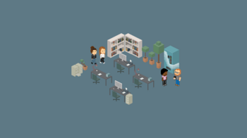 Pixelgrafik einer Büroeinrichtung und Mitarbeitern