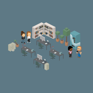 Office-Partner Pixelgrafik einer Büroeinrichtung und Mitarbeitern