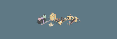 Eine farbenfrohe, stilisierte Szene mit verschiedenen Maschinen und Figuren, die in einer kreativen Umgebung arbeiten.