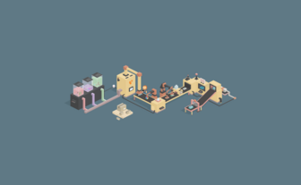 Eine farbenfrohe, stilisierte Szene mit verschiedenen Maschinen und Figuren, die in einer kreativen Umgebung arbeiten.