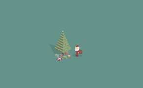 Ein fröhlicher Weihnachtsmann steht neben einem festlich geschmückten Weihnachtsbaum mit bunten Geschenken darunter.