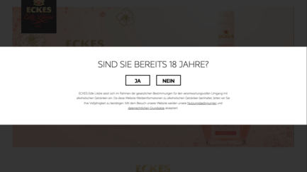 Die Webseite fordert Nutzer auf, ihr Alter zu bestätigen, um Zugang zu alkoholischen Inhalten zu erhalten.