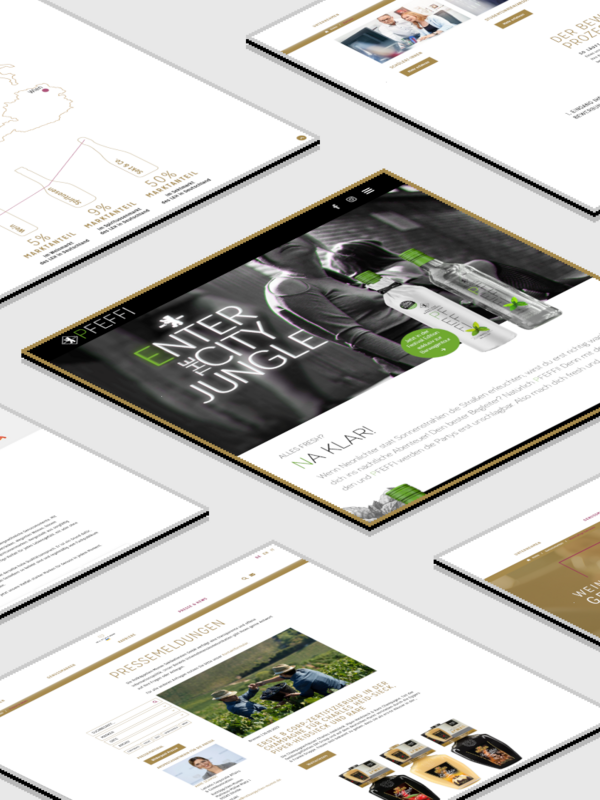 Eine Sammlung von Webseiten-Layouts, die verschiedene Getränke und Marken präsentieren, mit ansprechendem Design.