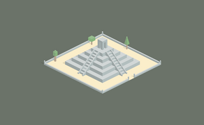 Eine stilisierte Pyramide mit mehreren Treppen und einem kleinen Tempel auf der Spitze, umgeben von Bäumen.