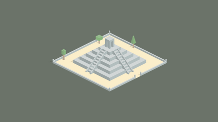 Eine stilisierte Pyramide mit mehreren Treppen und einem kleinen Tempel auf der Spitze, umgeben von Bäumen.