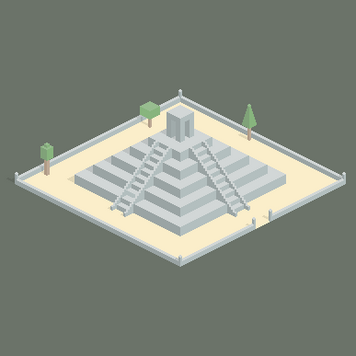 Eine stilisierte Pyramide mit mehreren Treppen und einem kleinen Tempel auf der Spitze, umgeben von Bäumen.