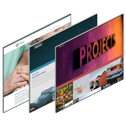 Drei Screens mit modernen Websites zeigen farbige Templates