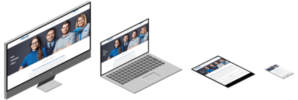 Drei Geräte zeigen die Website der Fürst Gruppe, die Mitarbeiter in blauen Outfits präsentieren, um Vertrauen zu schaffen.