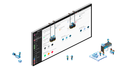 Zwei Arbeiter in einem Baukorb überprüfen eine digitale Benutzeroberfläche, während andere Mitarbeiter im Hintergrund arbeiten.