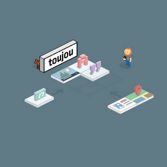 Eine stilisierte Szene zeigt einen Mann, der ein Smartphone benutzt, umgeben von digitalen Symbolen und einem Hund im Hintergrund.