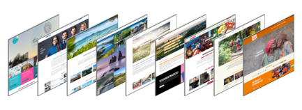 Die Darstellung mehrerer toujou-Webseiten zeigt eine Vielfalt an Inhalten, von Reisen bis zu Marketingstrategien, in lebendigen Farben.