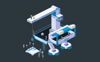 Eine moderne Hebebühne mit mehreren Arbeitern, die an einem Projekt arbeiten, während Kisten auf einer Plattform gelagert sind.