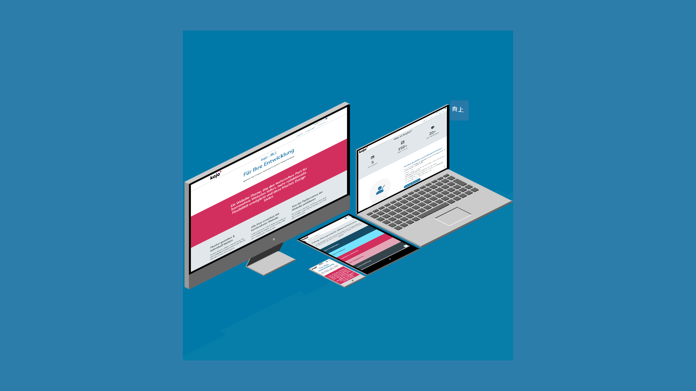 Beispielsansicht des Website-Themes kojo in verschiedenen Endgeräten